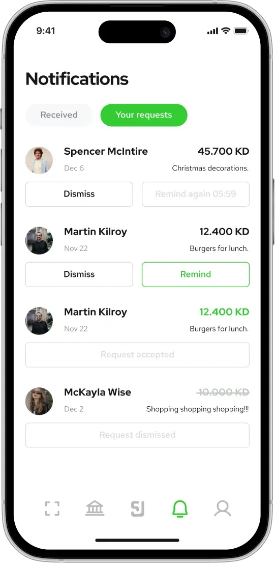 Notifications screen with request details