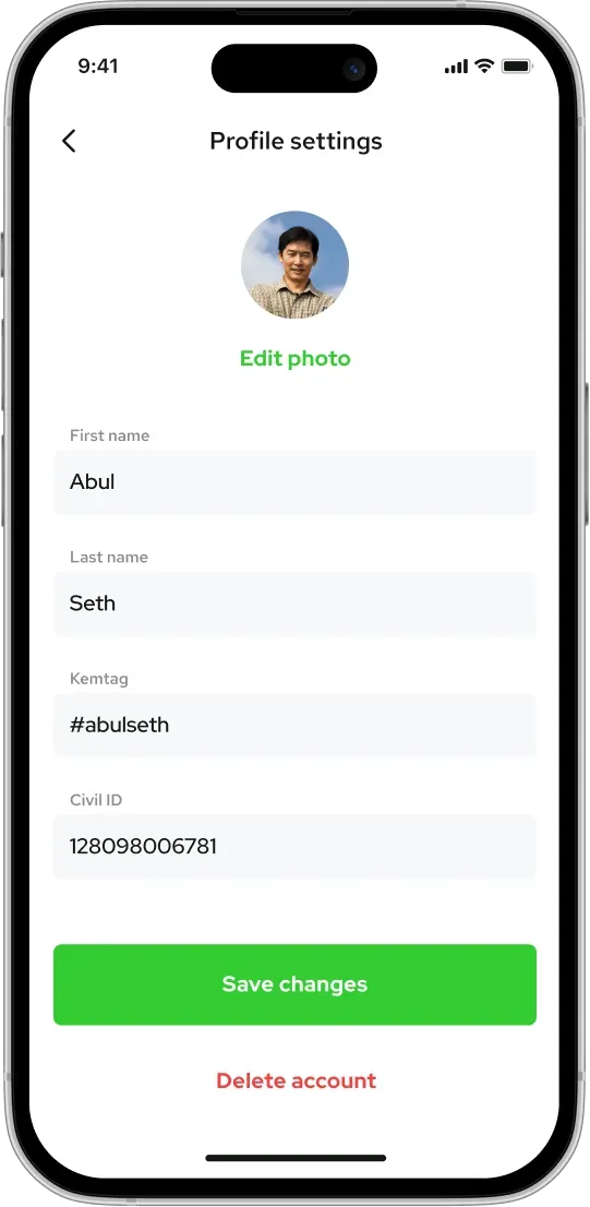 Mobile app profile settings screen