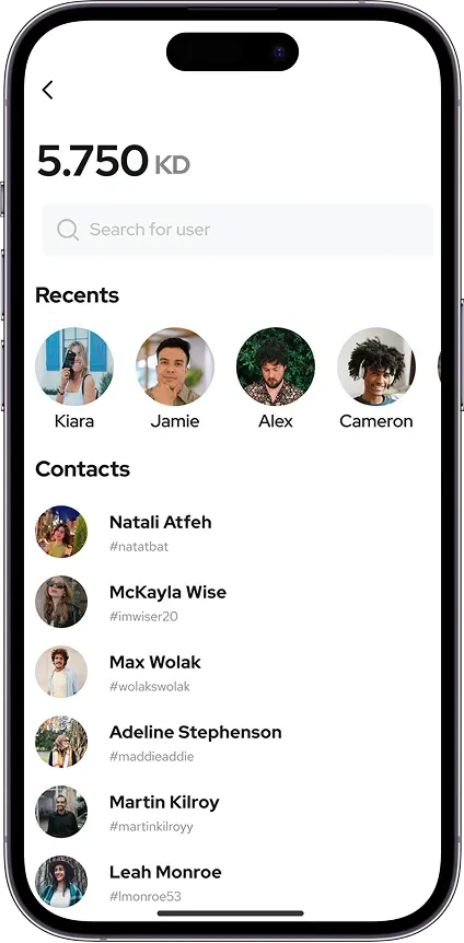 User profile and recent contacts list screen