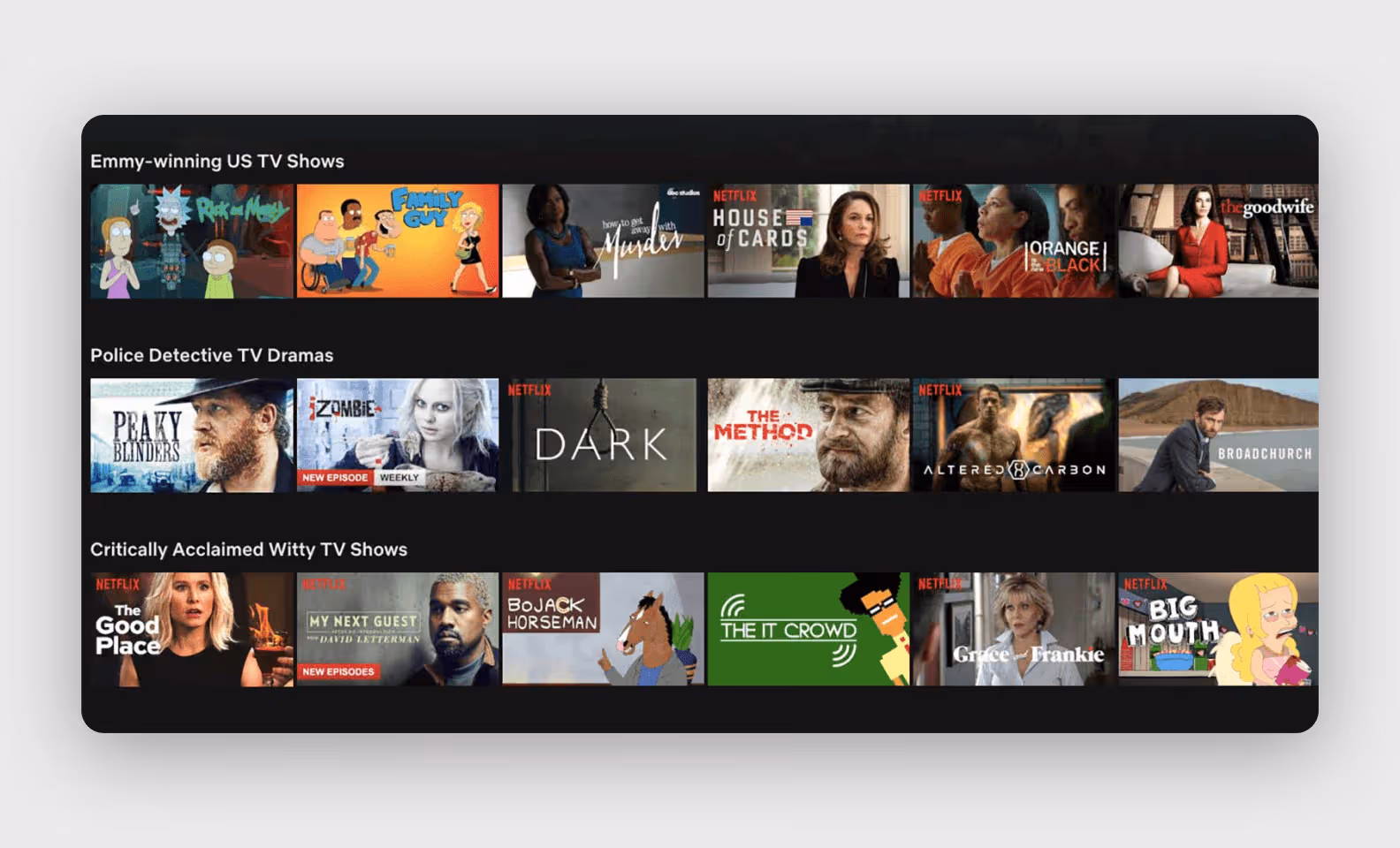 экран сервиса Netflix, который демонстрирует умные рекомендации