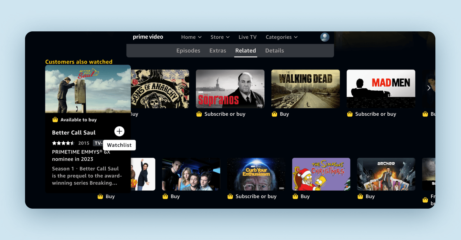 экран сервиса Amazon Prime Video, который демонстрирует добавление в пользовательский список просмотра