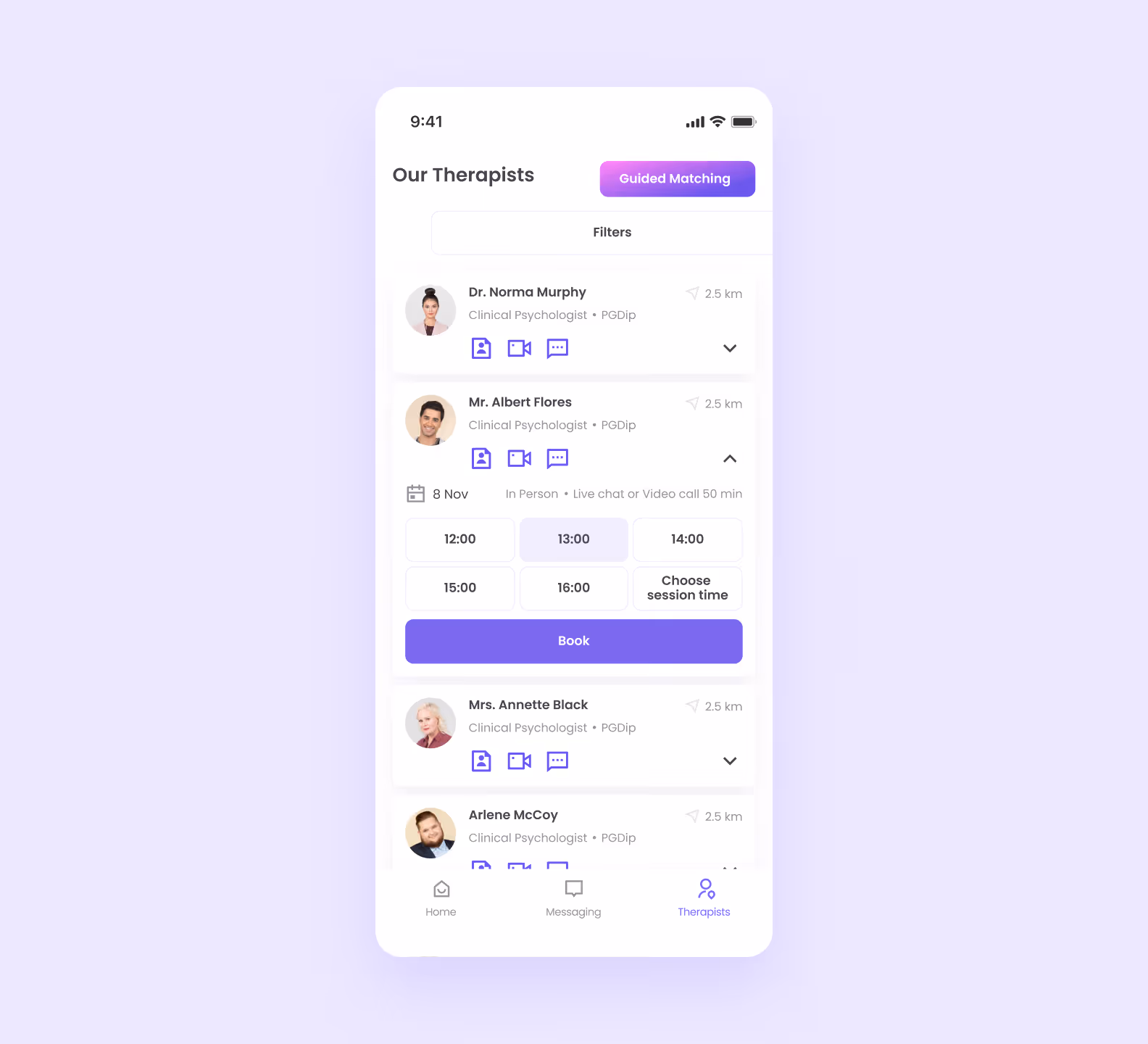 Mental health application guided matching filter feature