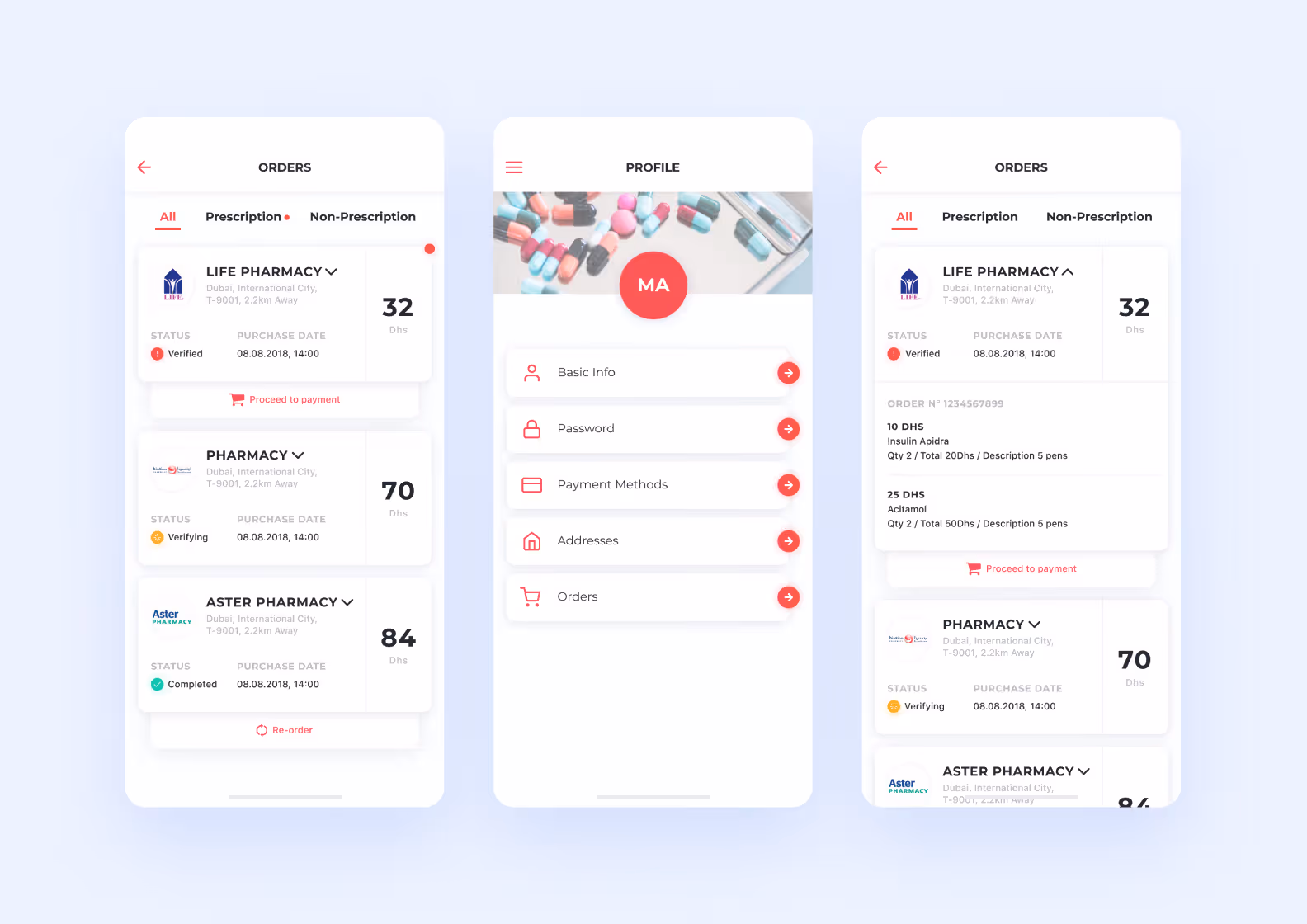 Personal profile interface in a medication delivery app