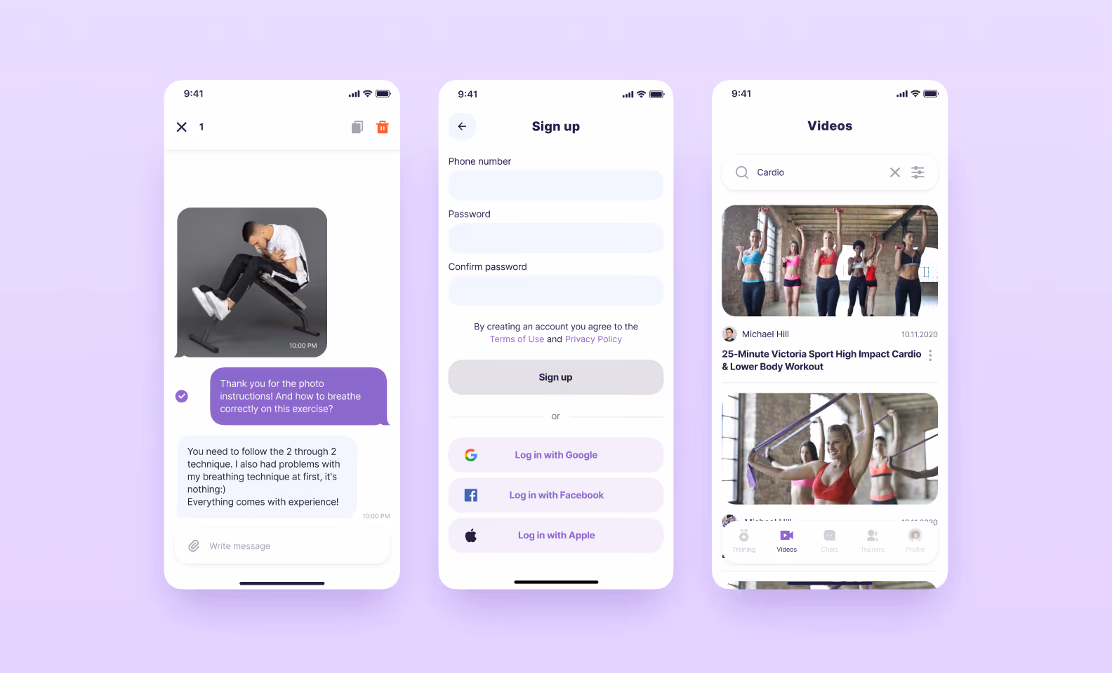 three screens of a sporting app. The Purrweb's case