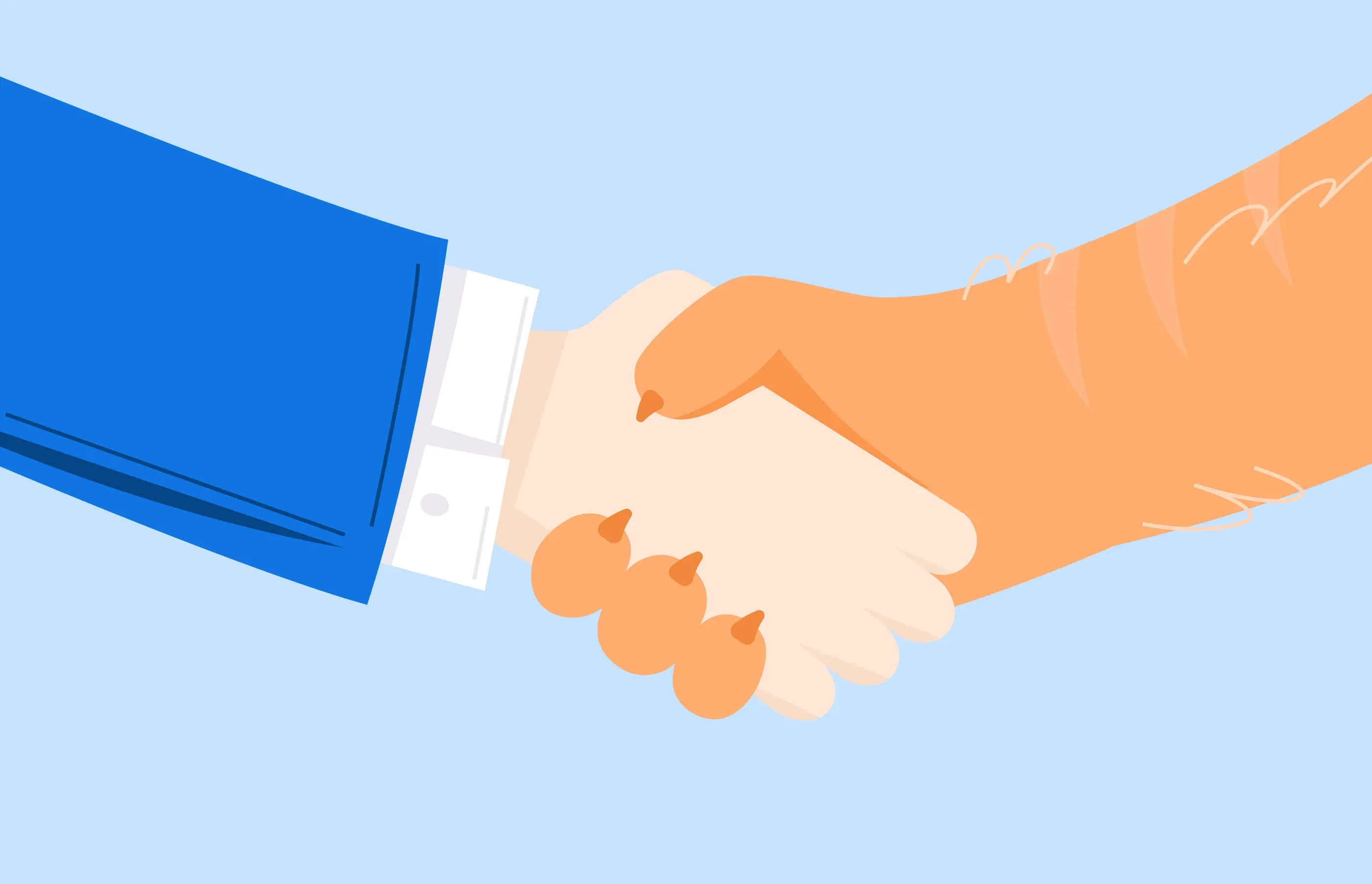 Flat illustration of two people shaking hands, one in a blue suit sleeve