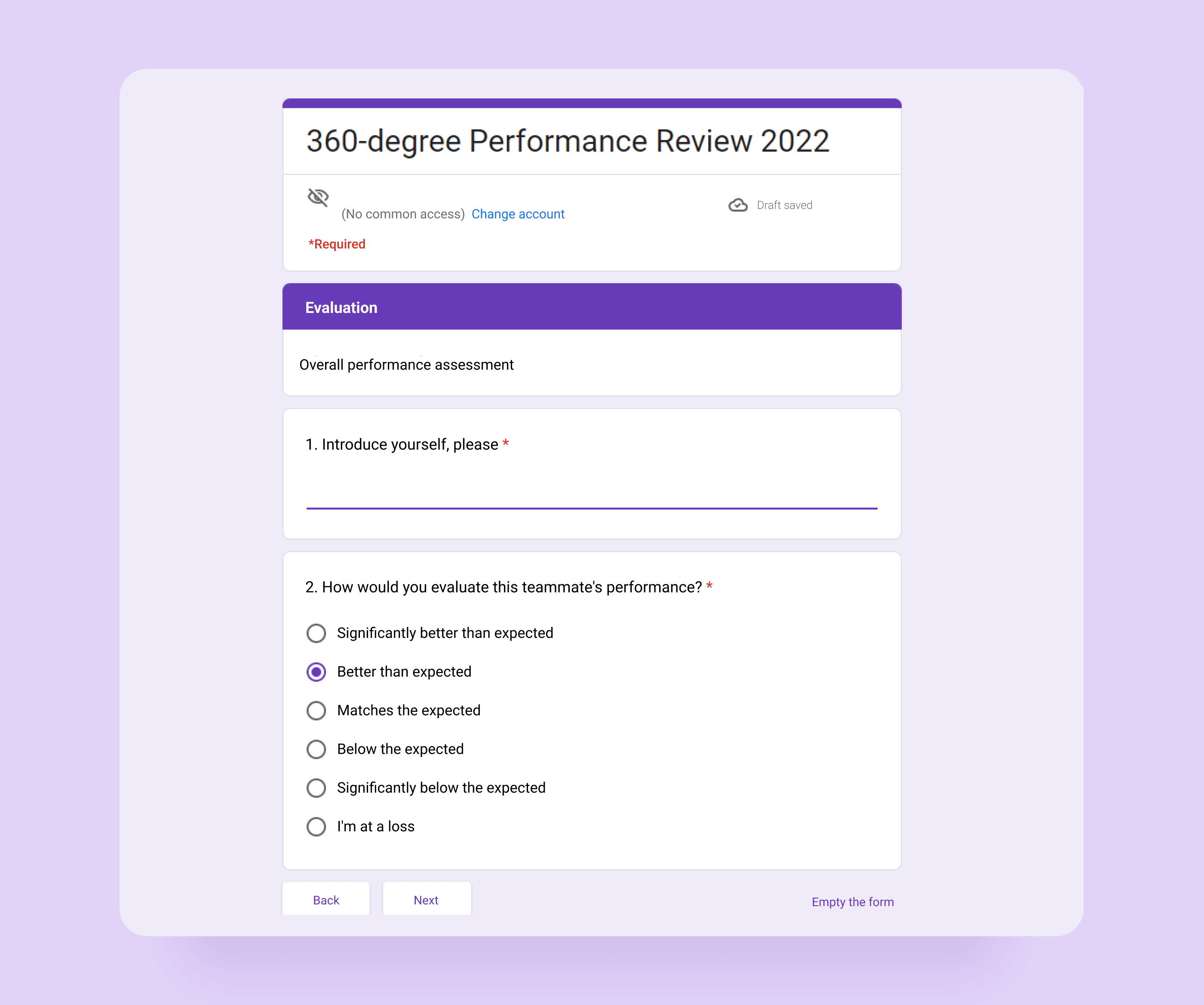 Google Form 360-degree Performance Review 2022 with intro field and teammate performance rating options