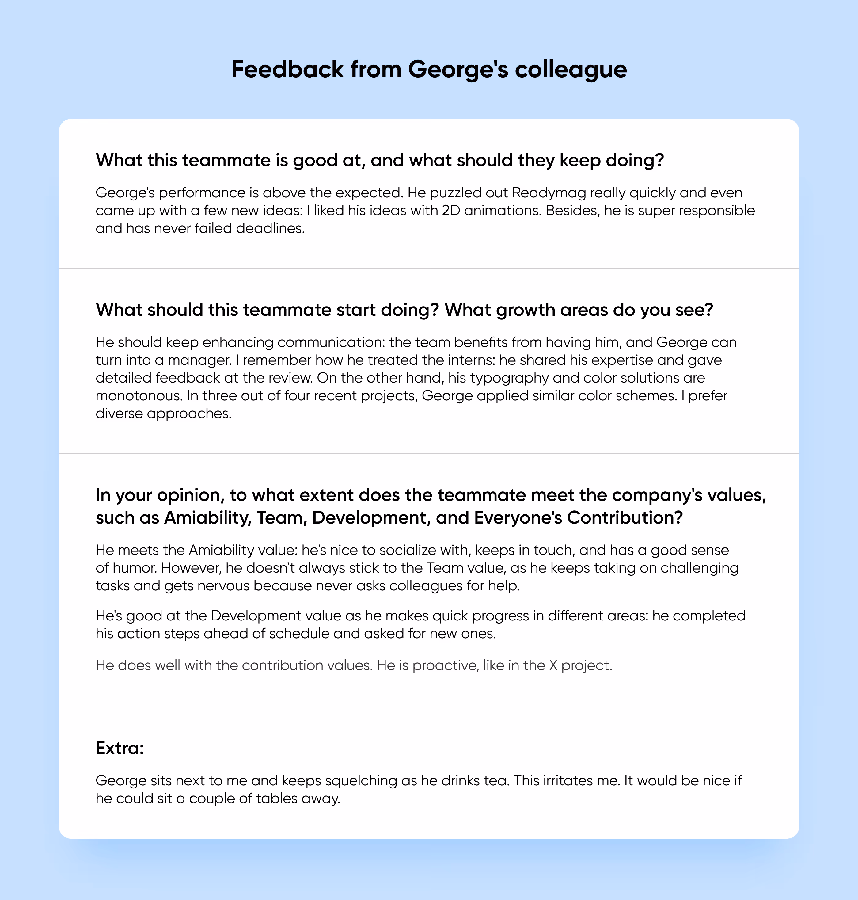 Colleague's written feedback on George's strengths, growth areas and fit with company values
