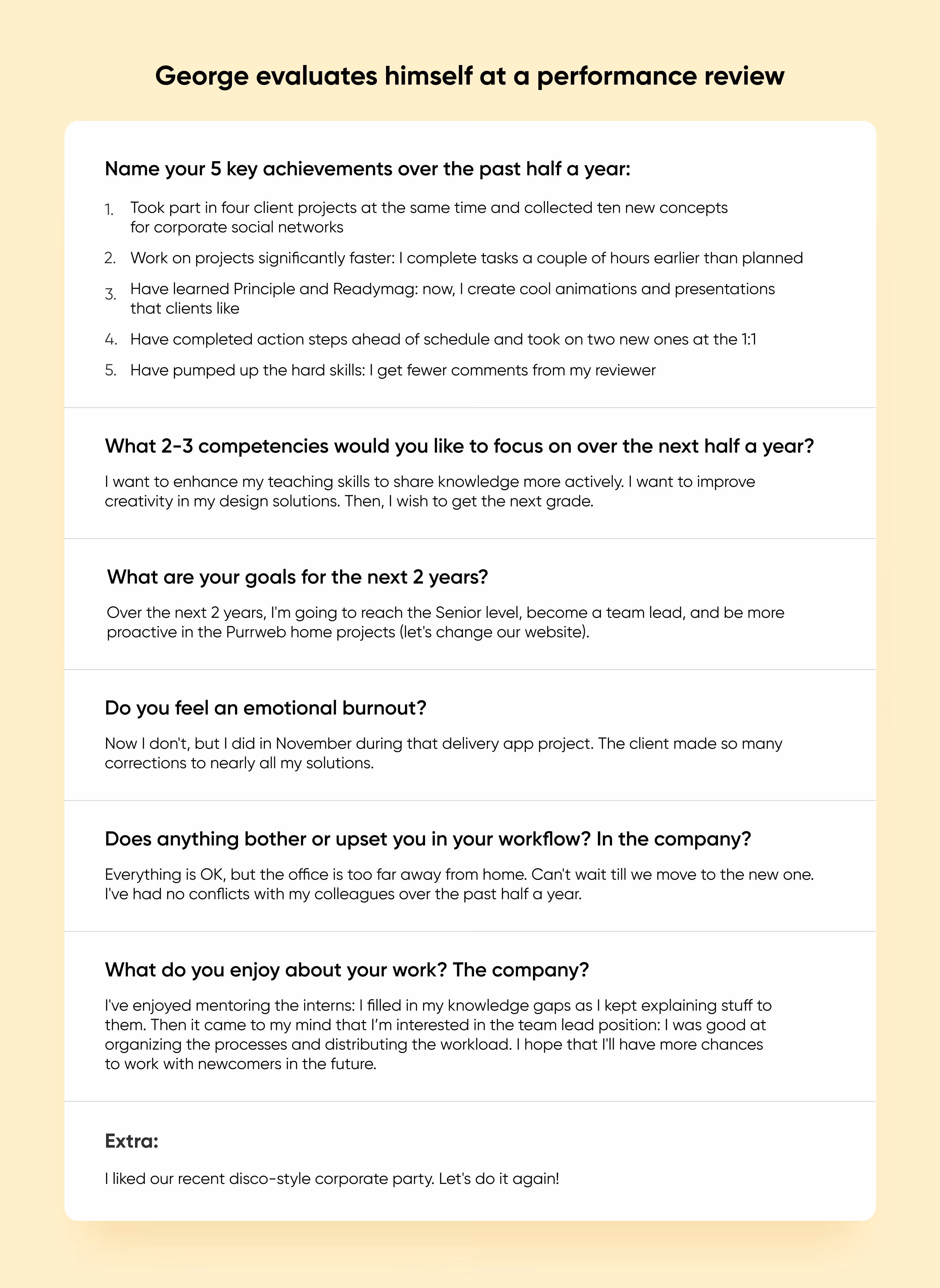 George's self-evaluation form listing key achievements, competencies, 2-year goals and burnout notes