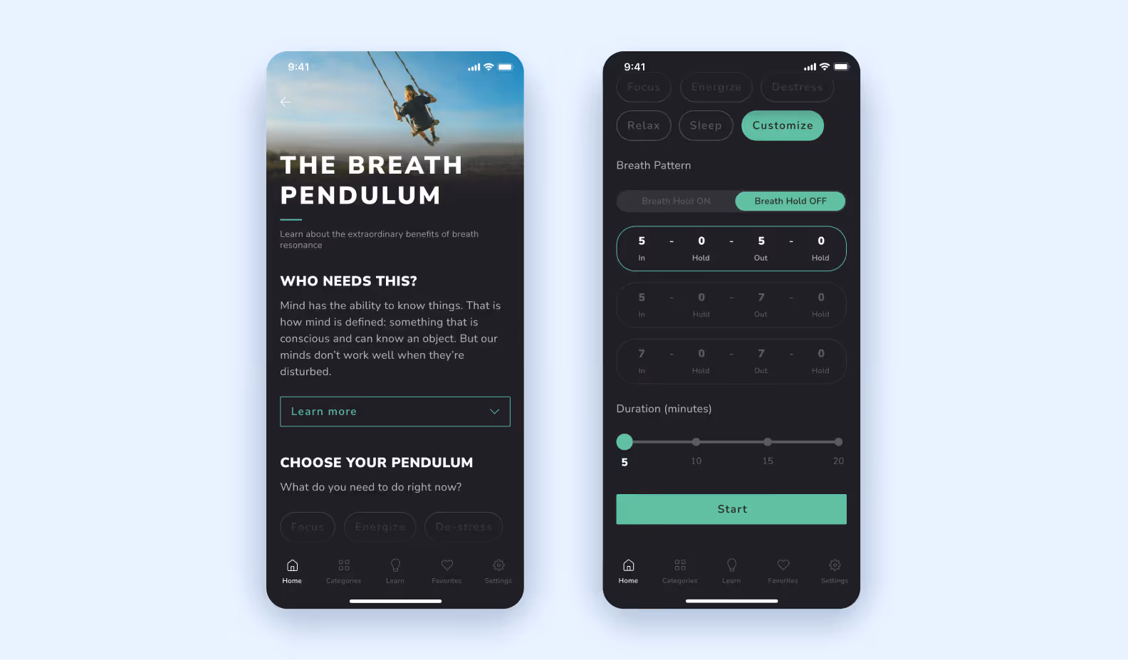Экраны The Breath Pendulum и настройки дыхательного паттерна с таймером и кнопкой Start