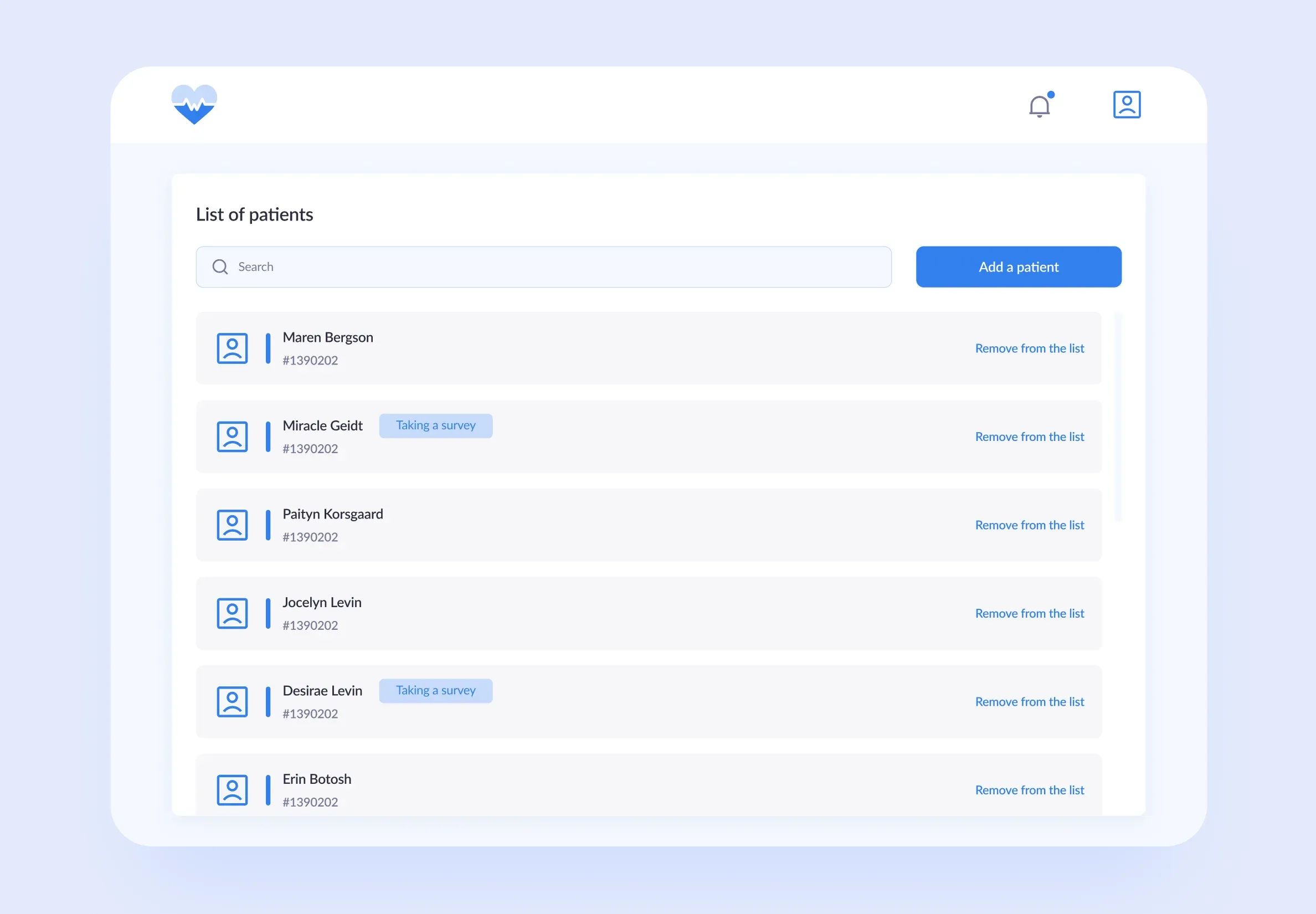 Medico patient list and survey status dashboard