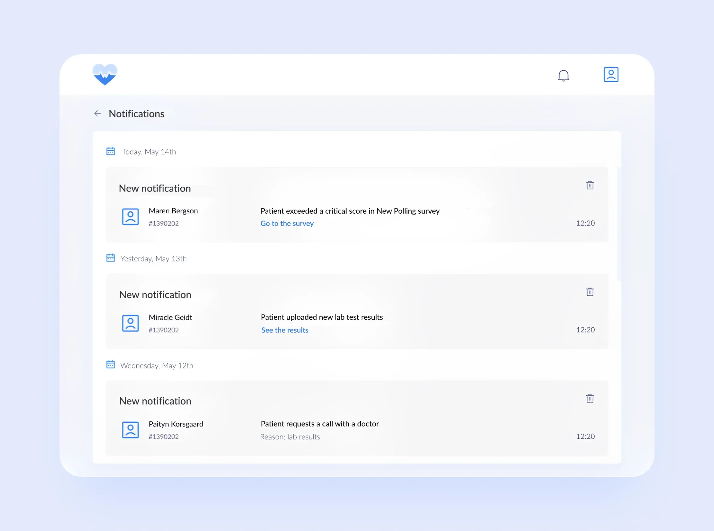 medico patient monitoring survey and doctor notification screens