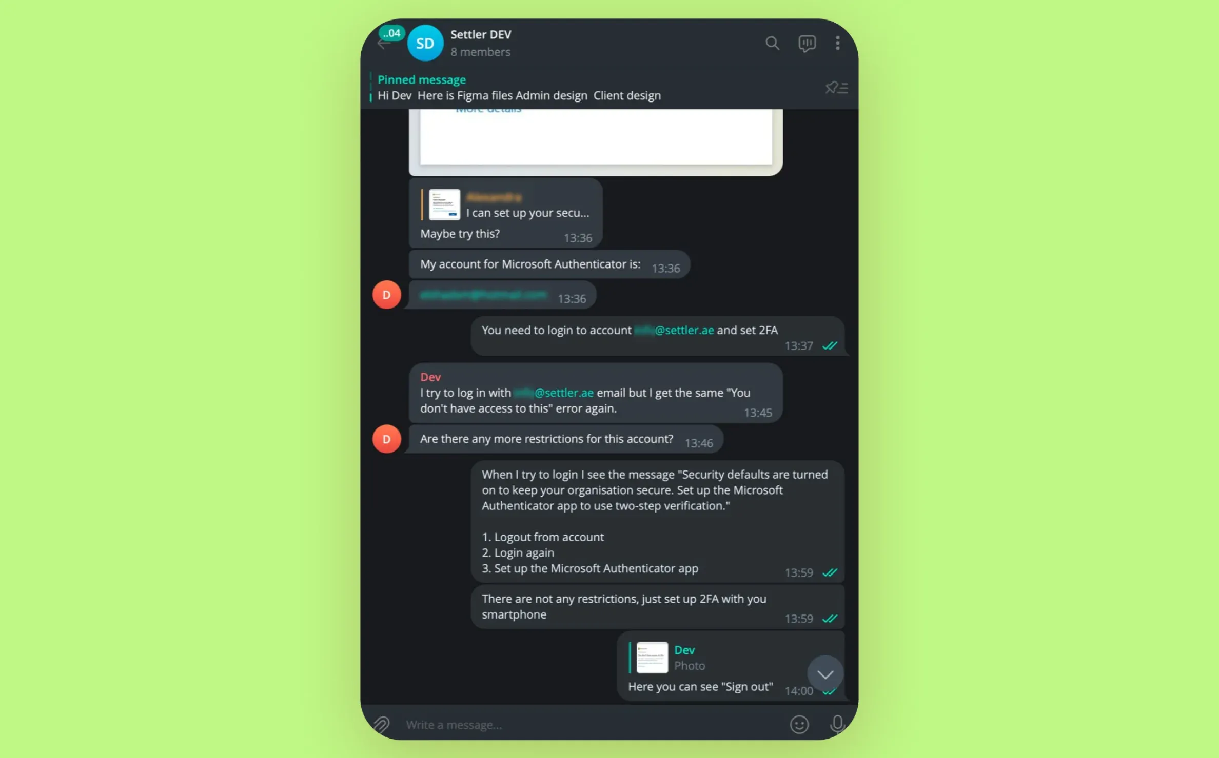 Screenshot of a chat with the in-house team
