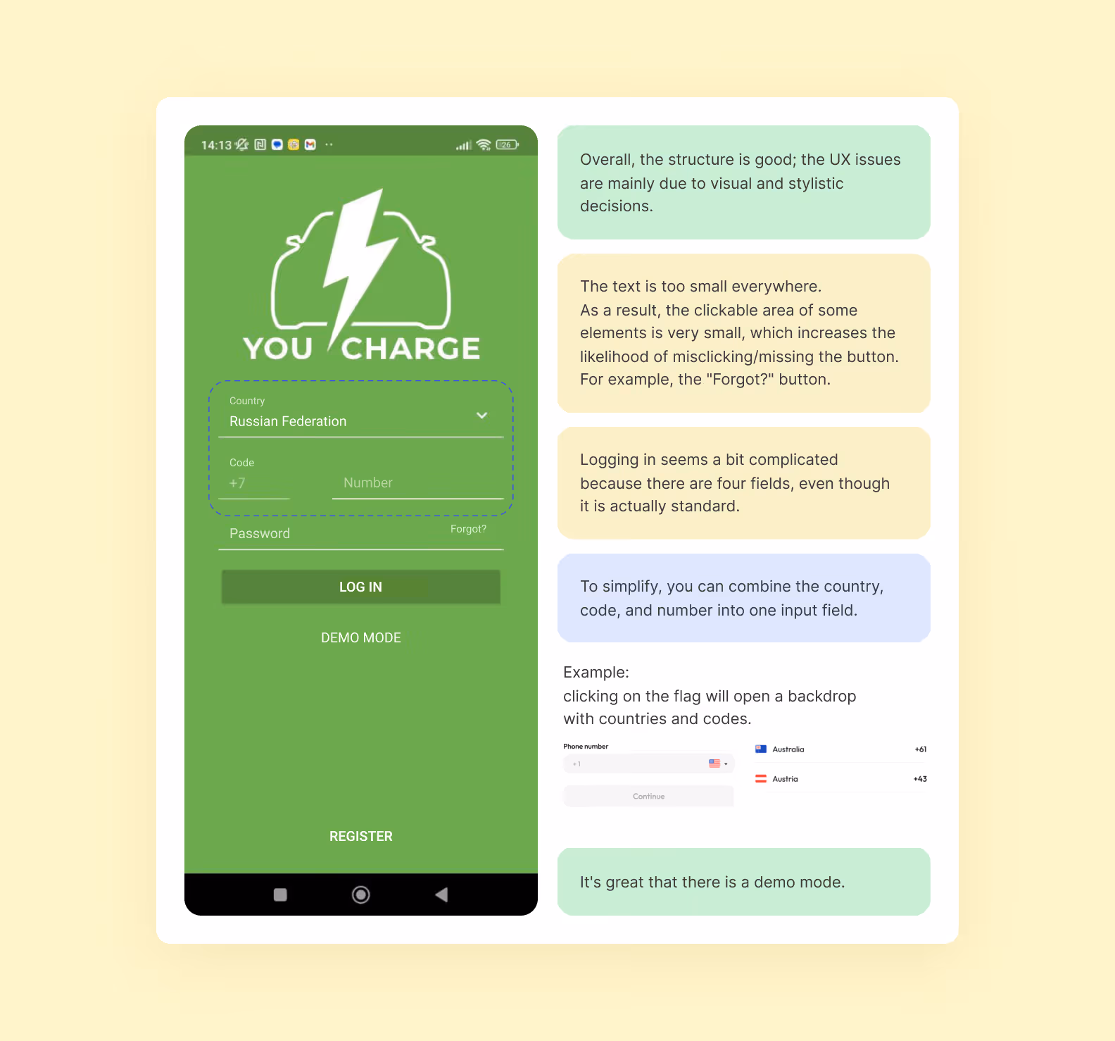 Left: screen, right: notes from our UI/UX designer