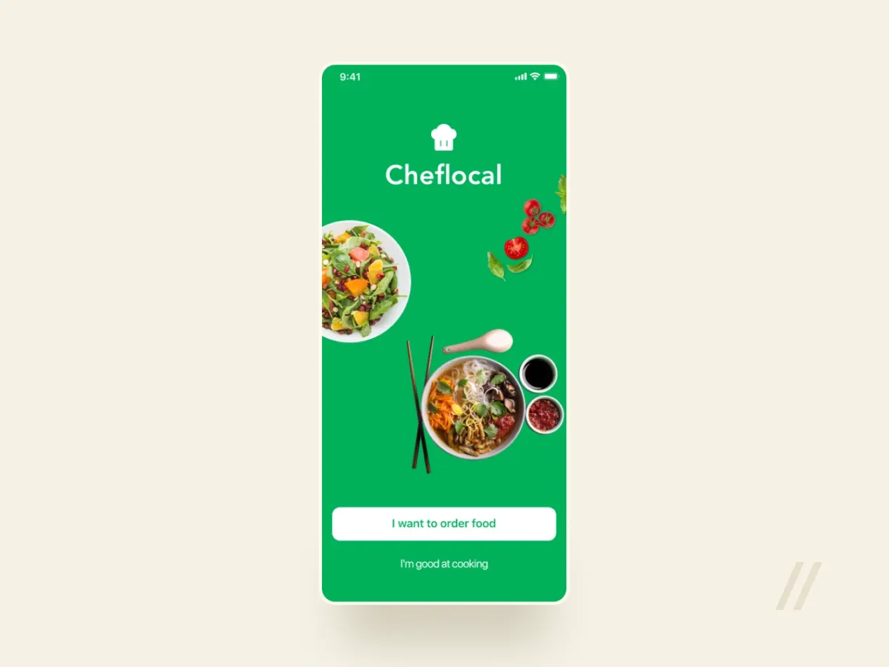 Cheflocal app start screen: order food or offer cooking, with salad and noodle dishes