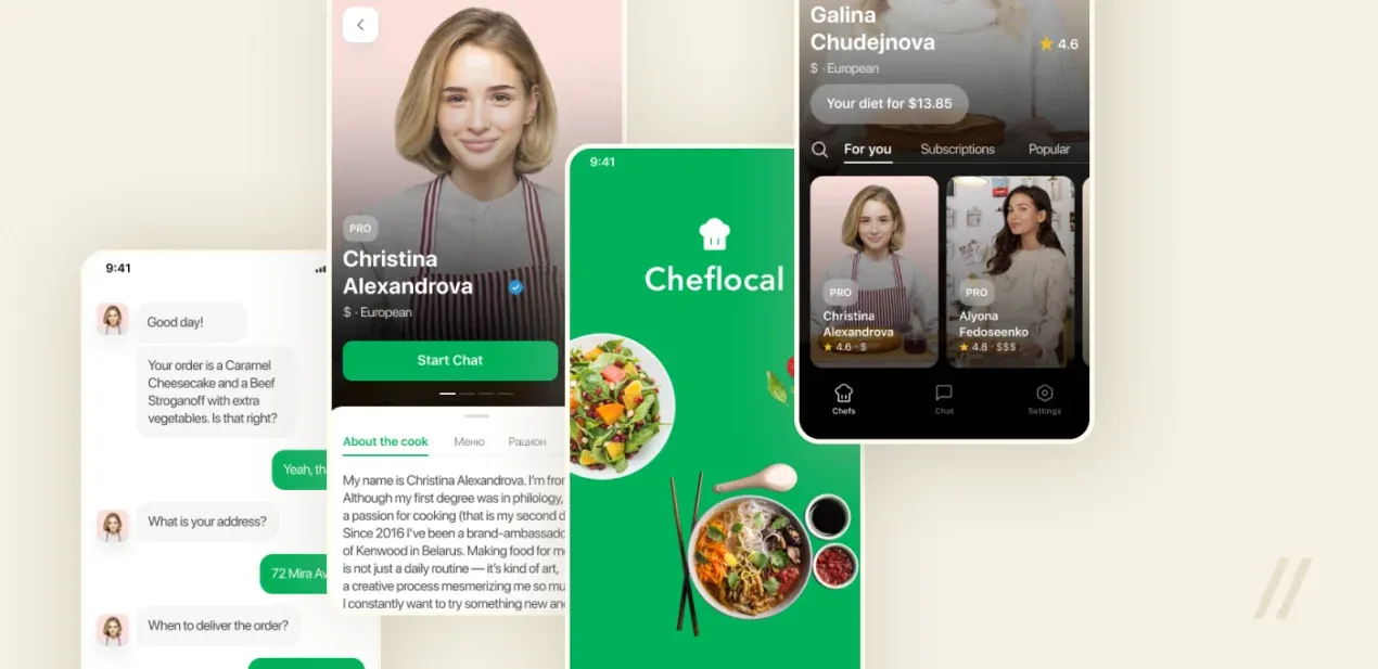 Cheflocal app screens: cook profile, order chat and a list of home cooks with ratings