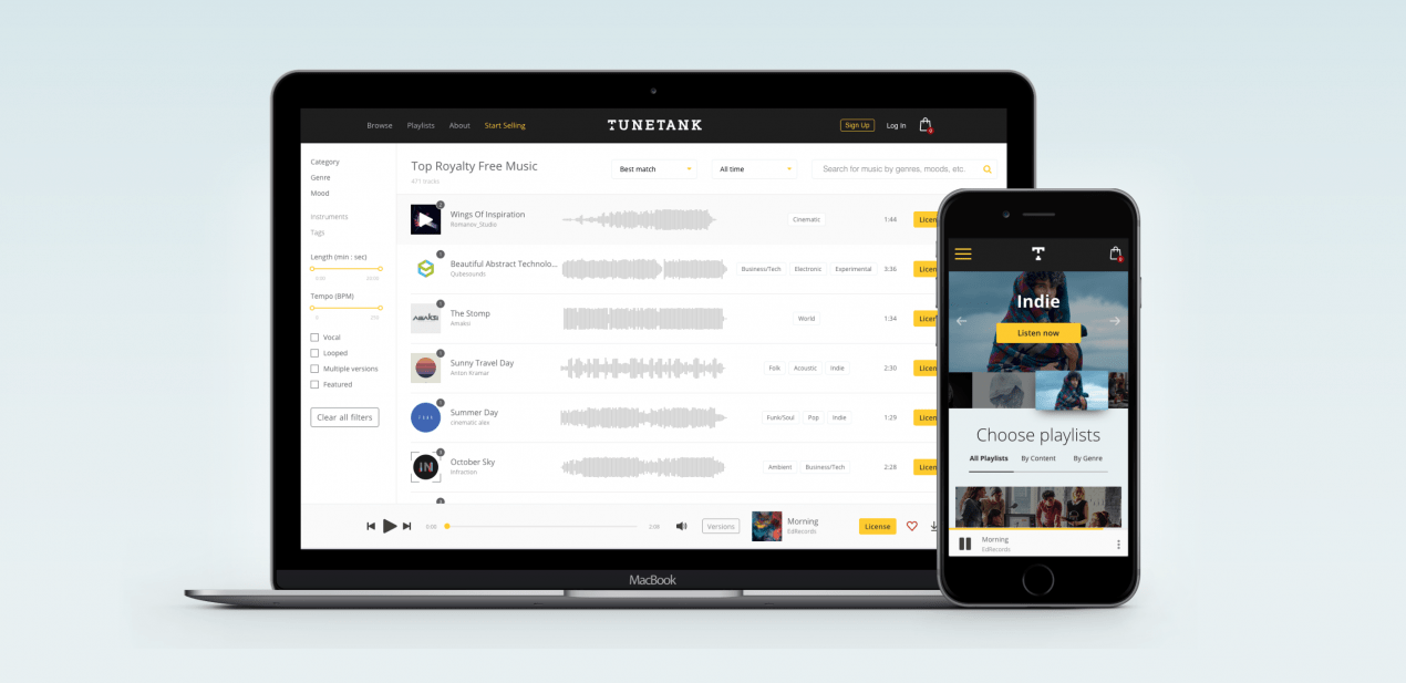 Tunetank royalty-free music platform on a MacBook track list and iPhone playlists screen