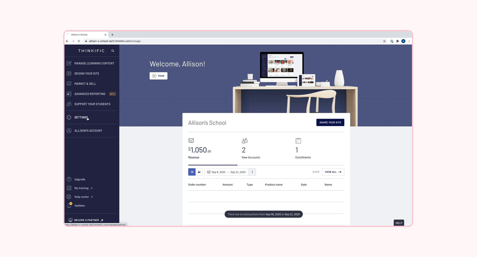 Screenshot of Thinkific LMS interface