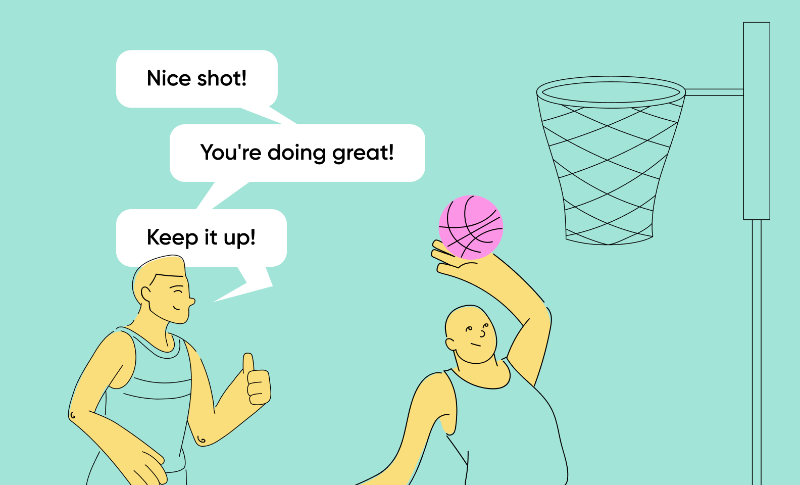 Coach cheering a basketball player: 'Nice shot! You're doing great! Keep it up!' to reinforce success