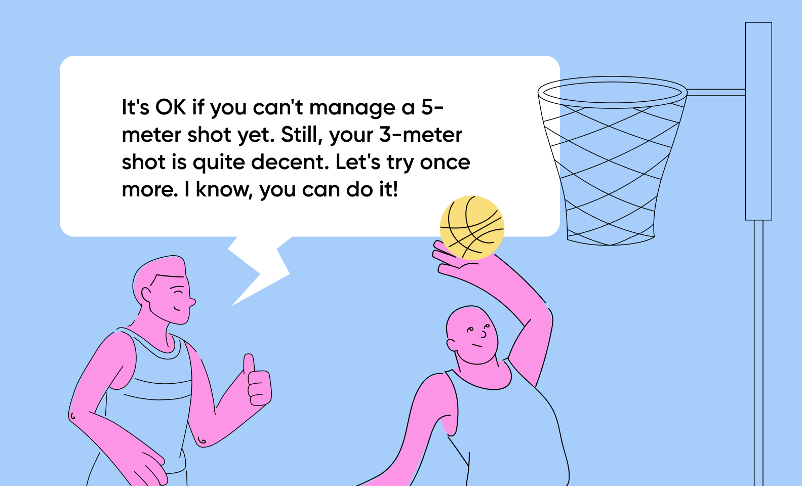 Coach motivating a basketball player: missing a 5-meter shot is fine, the 3-meter shot is decent