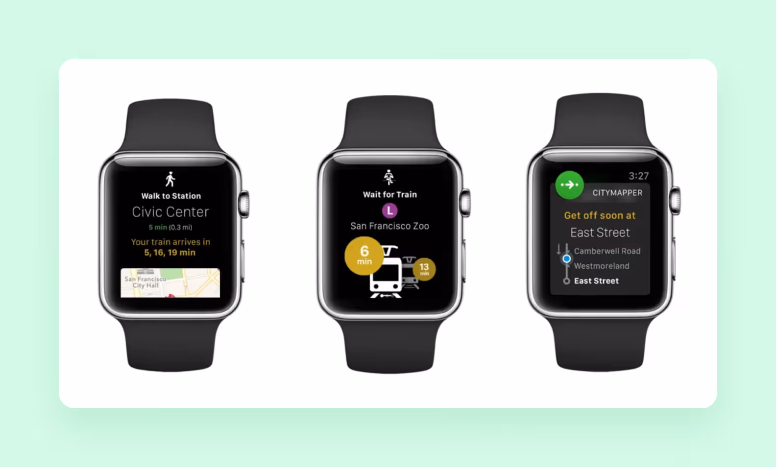 screens of the Citymapper wearable app for Apple Watch