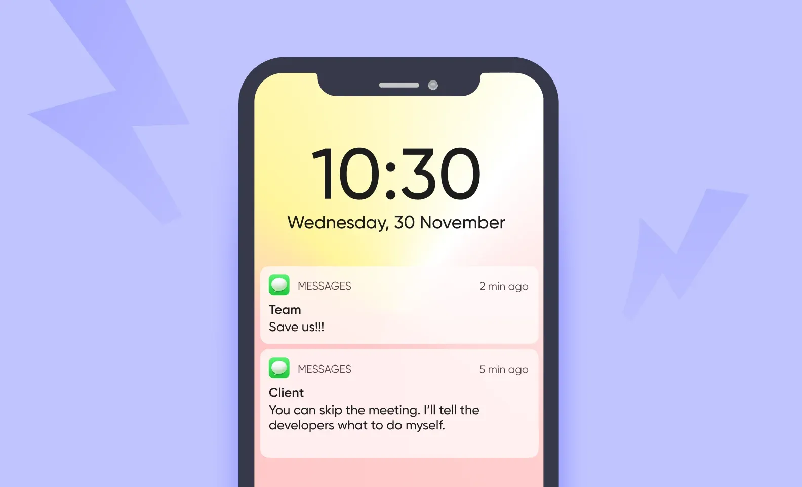 Phone lock screen with panicked messages: team texts Save us and client says skip the meeting