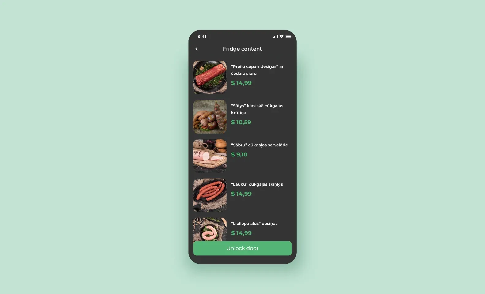 Dark app screen «Fridge content» listing meat products with prices and a green Unlock door button