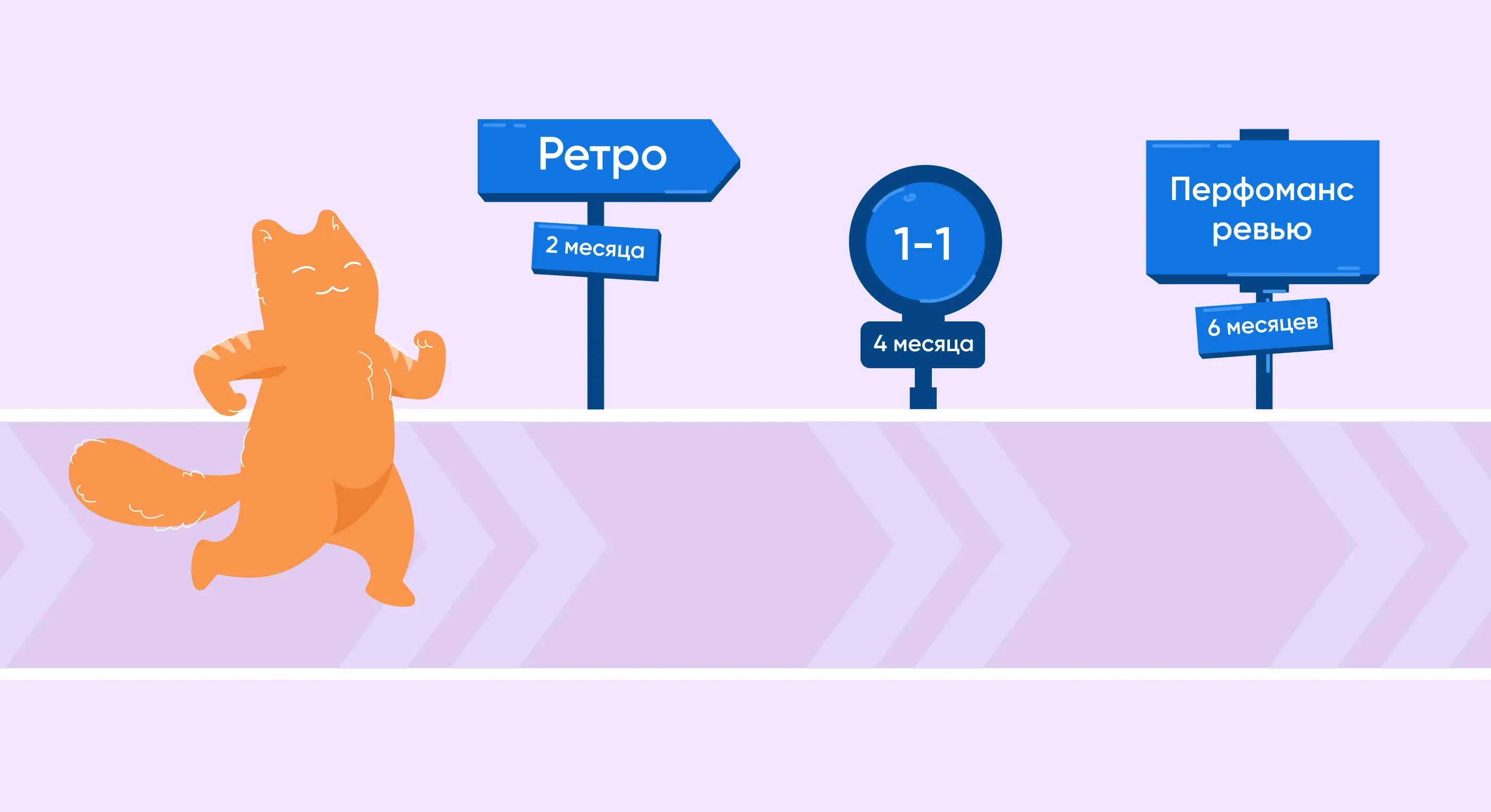 Рыжий кот идёт мимо указателей: ретро 2 месяца, 1-1 4 месяца, перфоманс ревью 6 месяцев