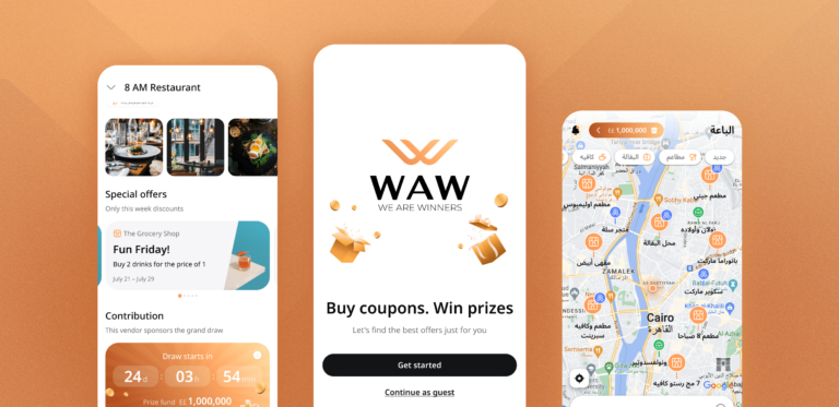 Three screenshots of the We’re All Winners mobile app