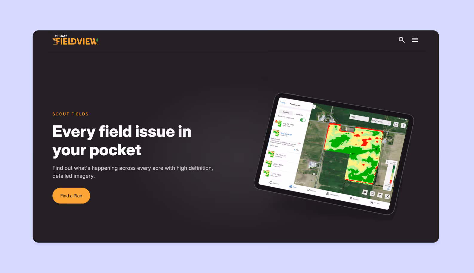 страница на сайте climate.com, рассказывающая о функциях приложения Climate FieldView для сельского хозяйства