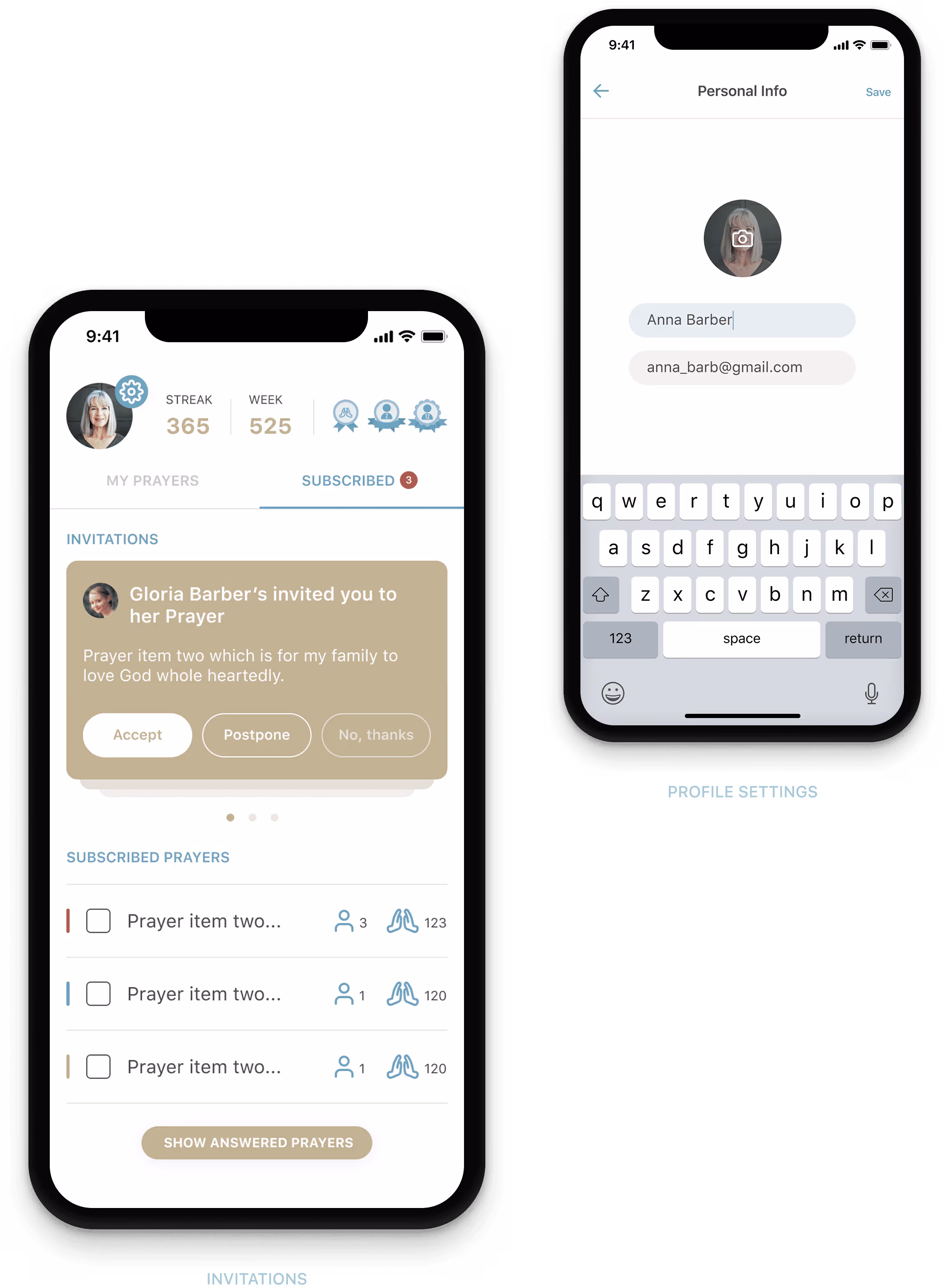 Mobile app prayer management screen and user profile settings