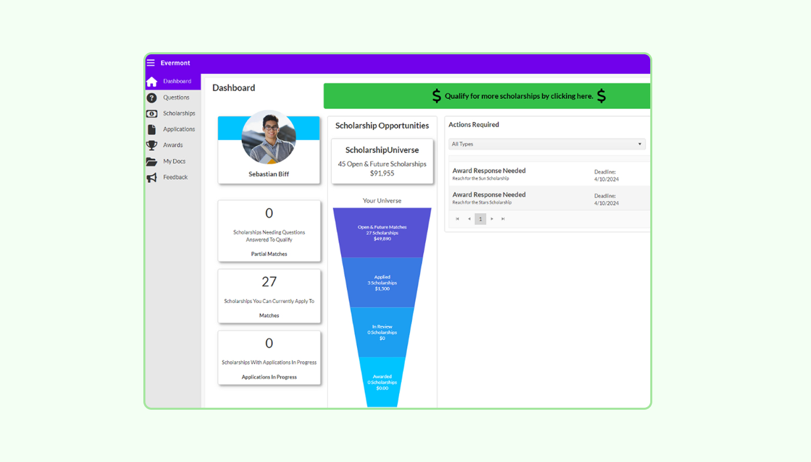 Screenshot of the Ellucian interface showing the scholarships module