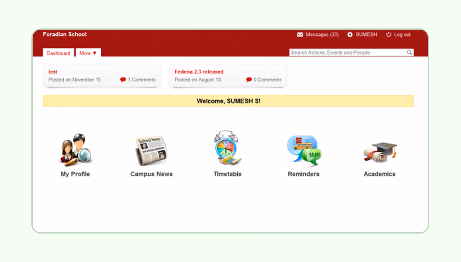 User dashboard in the Fedena interface with navigation menus