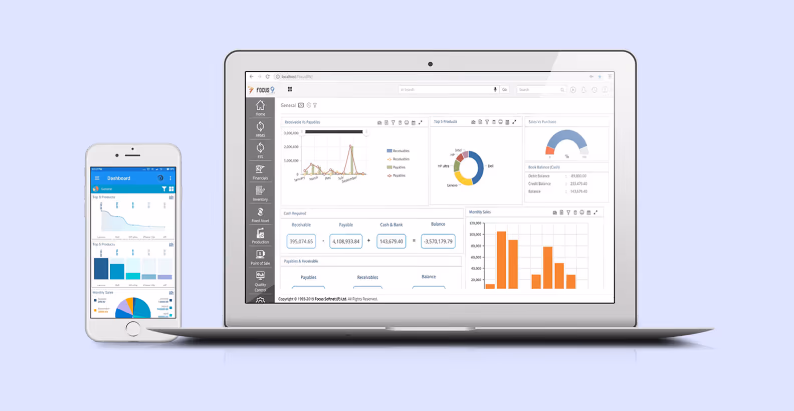 Screenshot of Focus Softnet interface on desktop and mobile devices