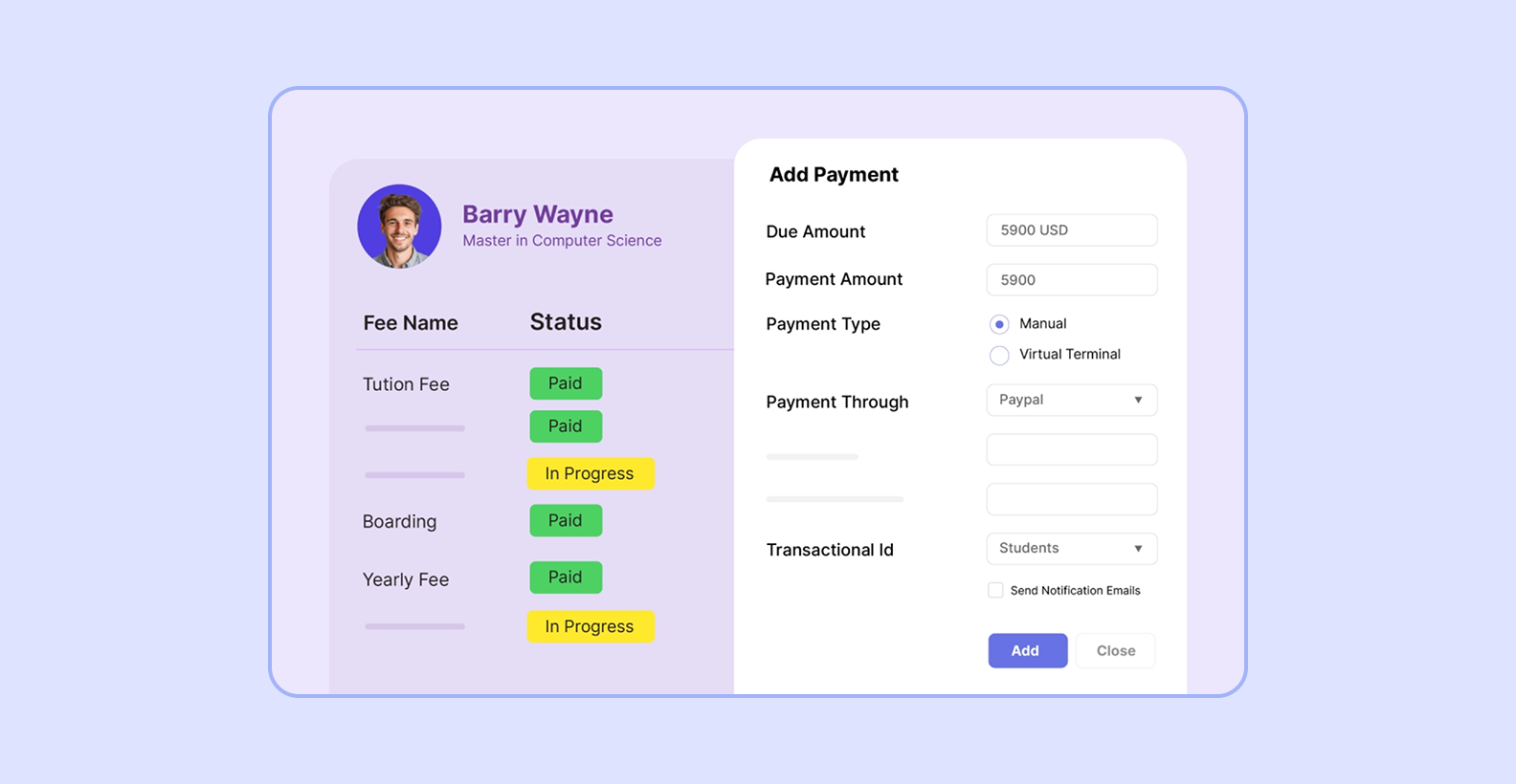 Screenshot of Jenzabar ERP showing the payment module