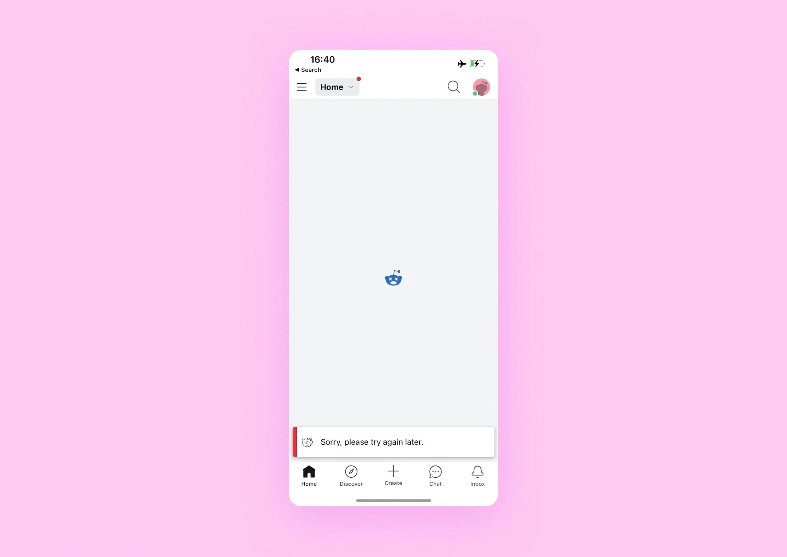 Main screen of the Reddit app with an error message