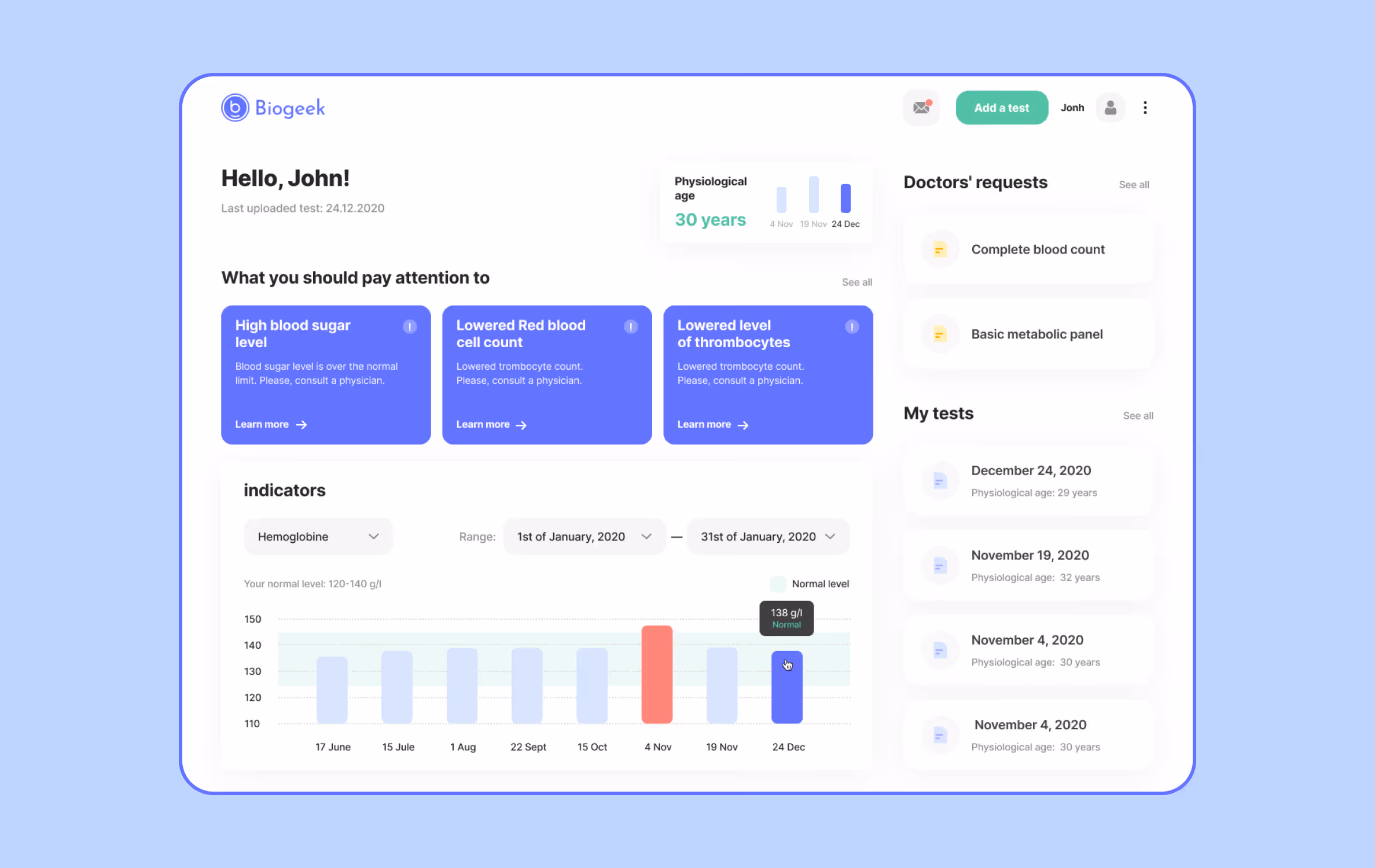 Main screen of a medical app Biogeek
