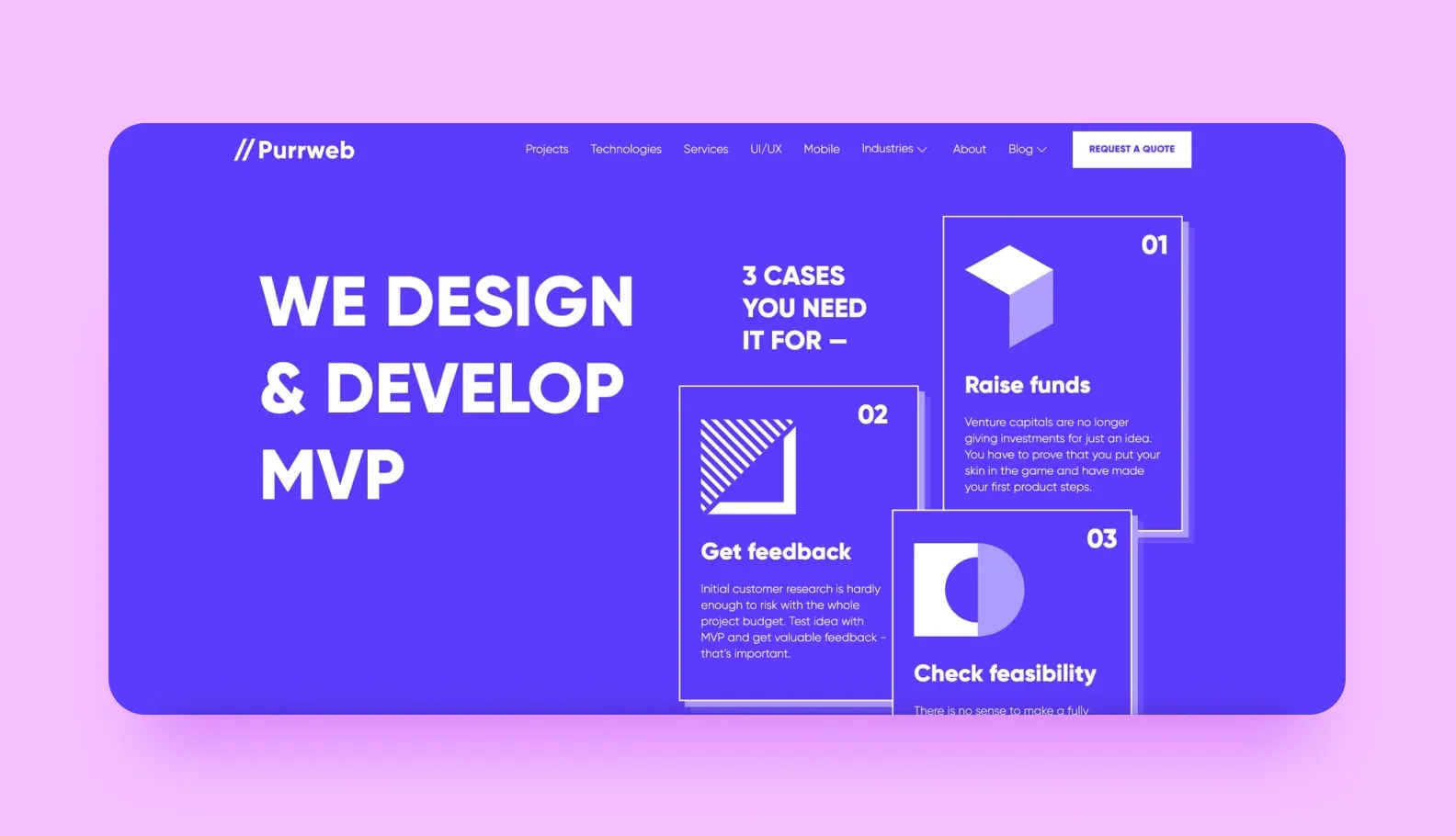 Purrweb website hero WE DESIGN & DEVELOP MVP with three cases you need it for