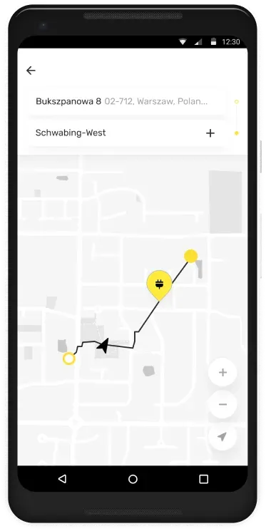 Map navigation screen with route indication