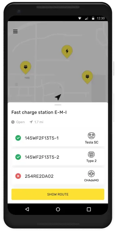 Mobile app interface showing fast charge stations