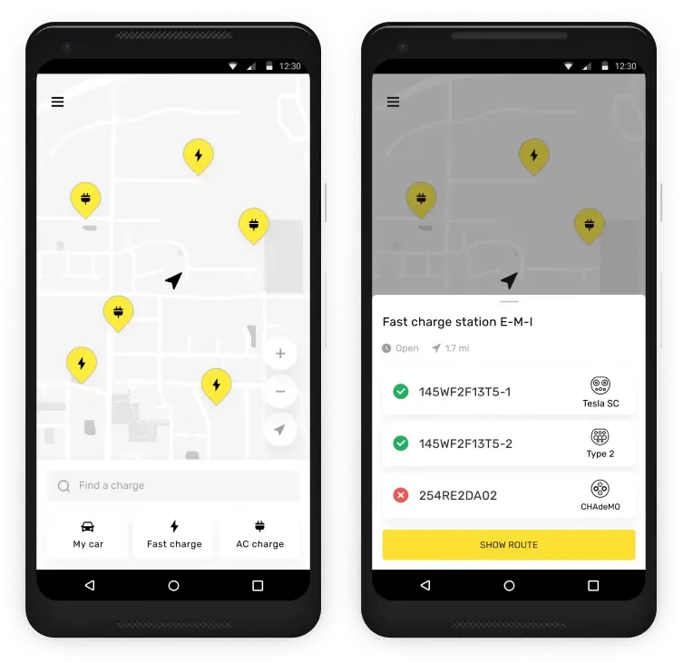 Charging station locator mobile app screen