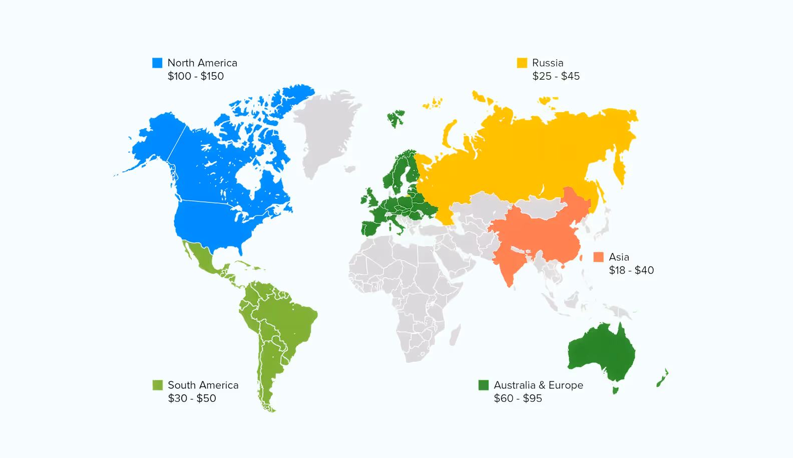 World map showing costs of React Native mobile app development by region