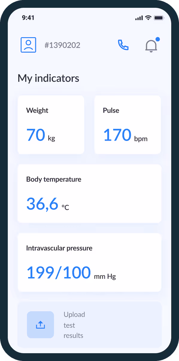 Health monitoring app indicators screen