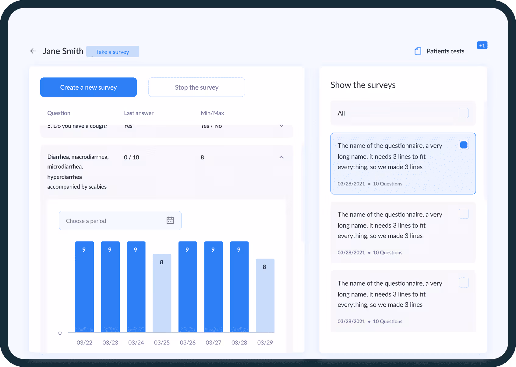 Survey management interface with statistics and details