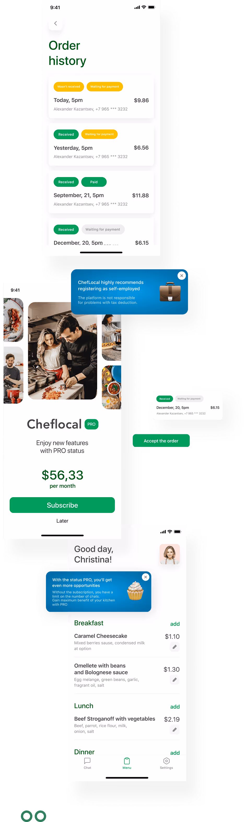Mobile app order history and menu screen