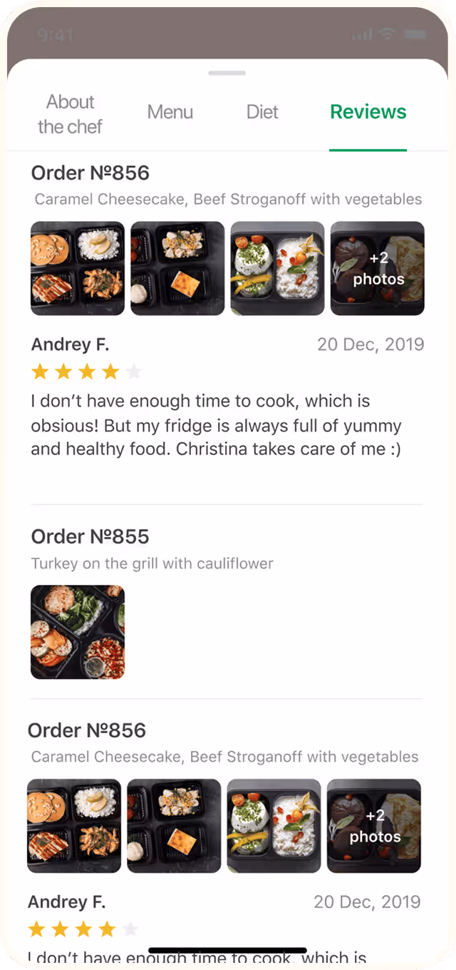 Mobile app reviews screen showing food orders