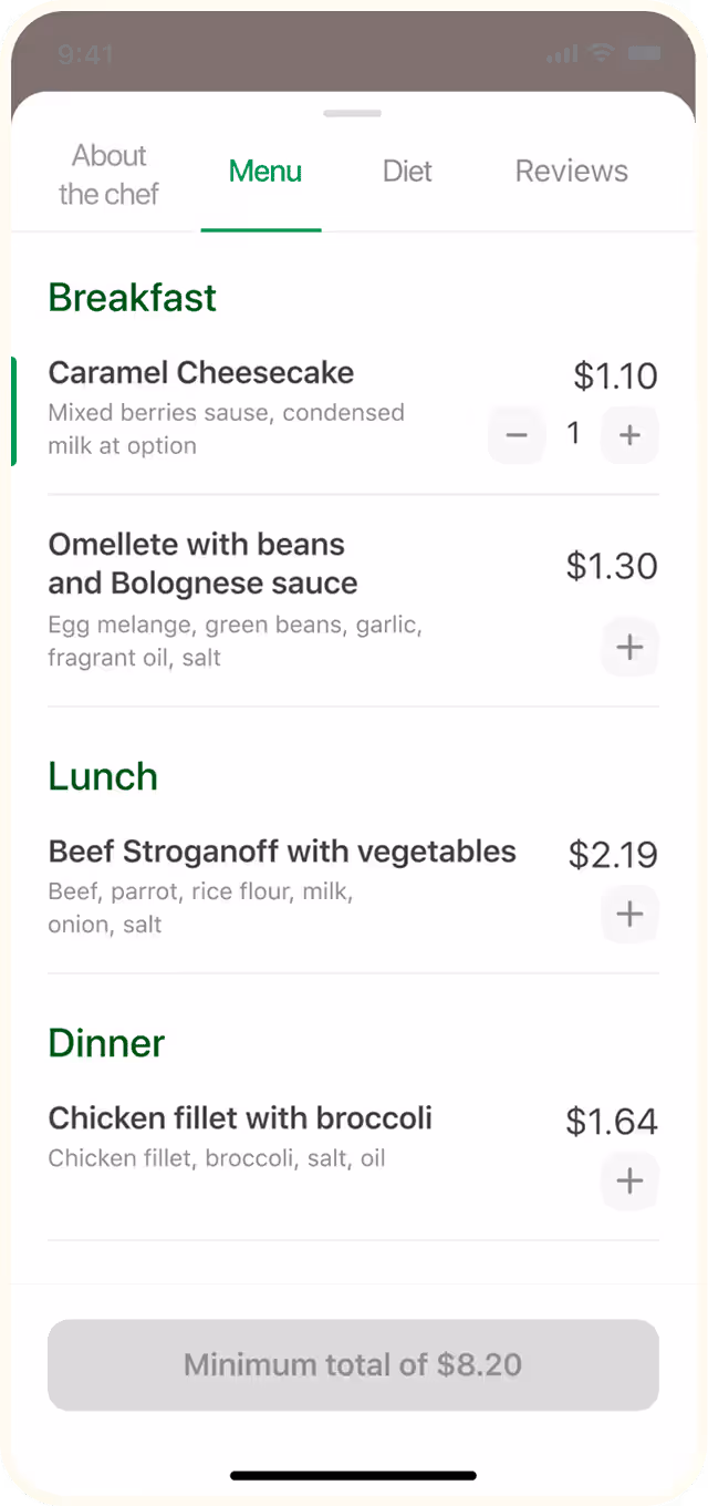 Mobile app menu screen displaying food items and prices