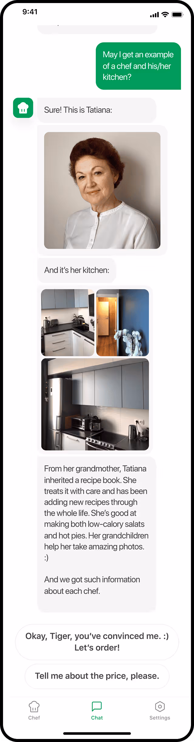 Mobile app chat interface showcasing chef introduction and kitchen images