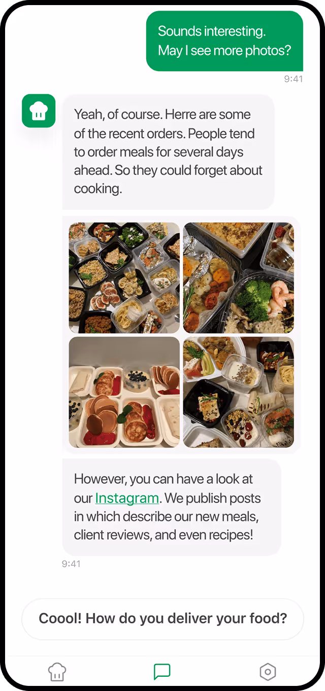 Mobile app chat interface discussing food delivery options