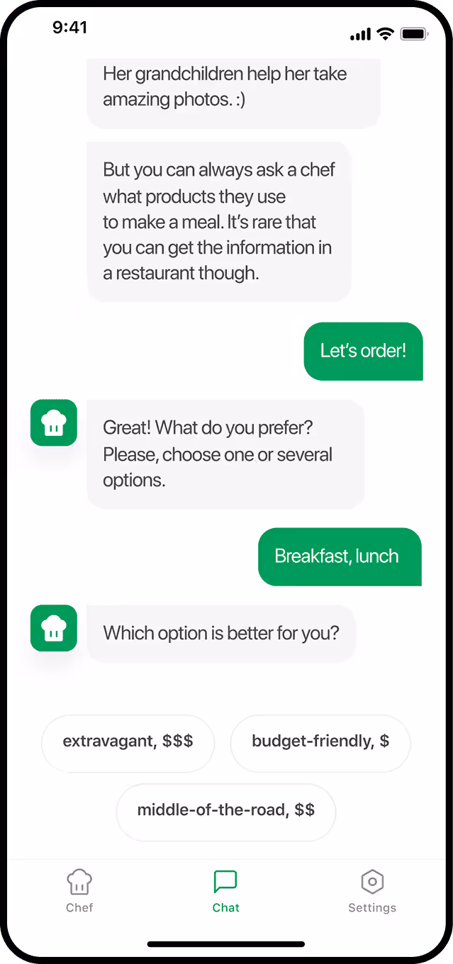 Mobile app chat interface for meal selection