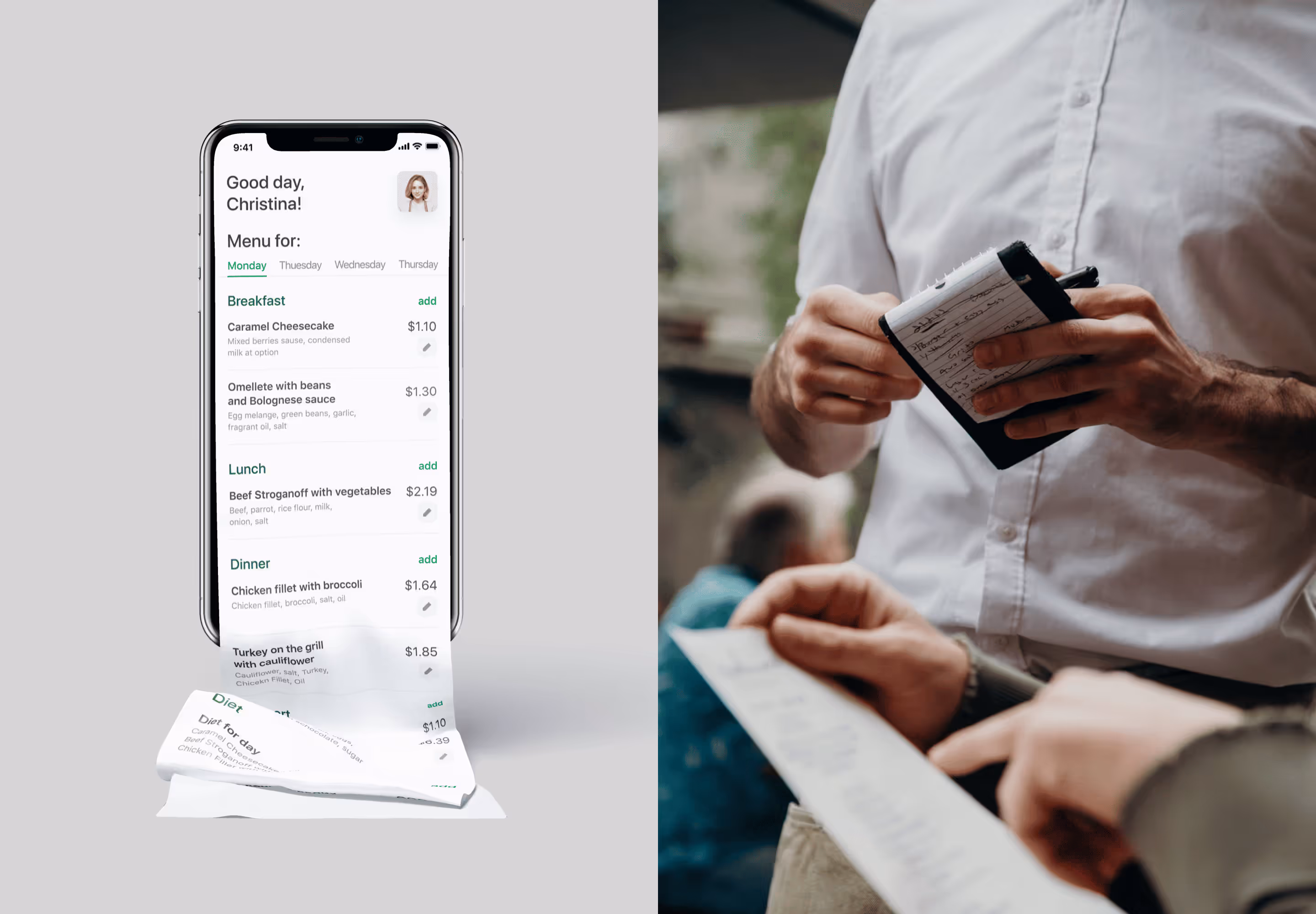 Mobile app food menu screen